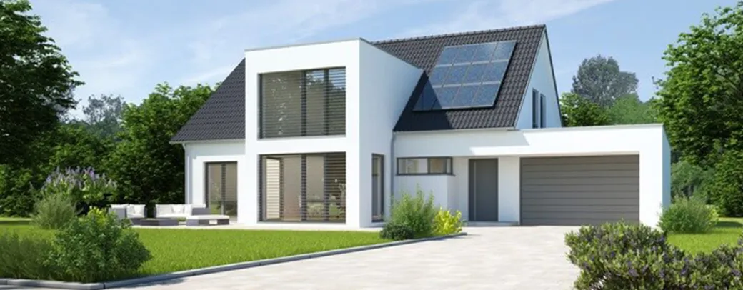 Moderne Wohnimmobilie mit Satteldach und großen Fenstern